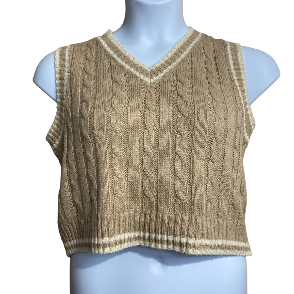 Shein tan oversized cropped v-neck cable knit sweater vest with cream trim Small